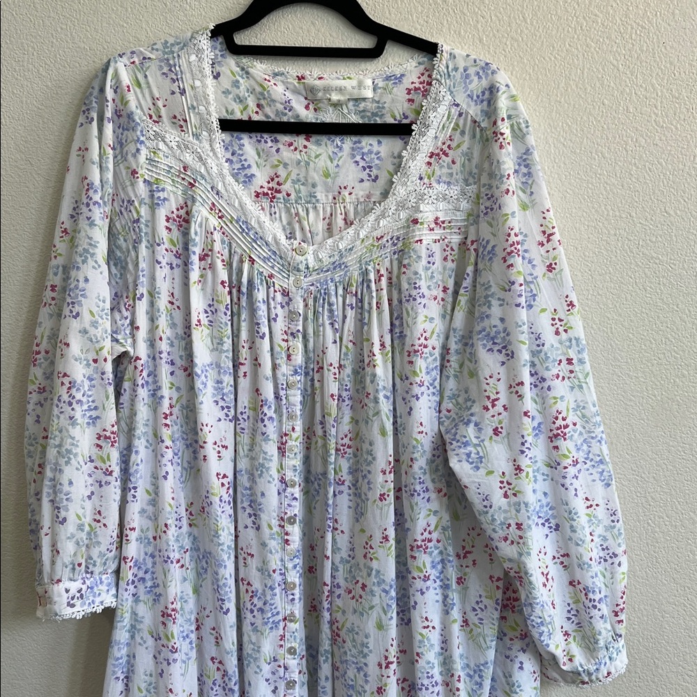 Eileen West Ballet Nightgown Cotton L-Sleeve Sweetheart Buttoned White Floral XL - Picture 4 of 14